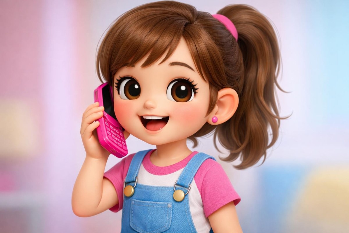 Young girl with brown hair in ponytail talking on a pink cellphone