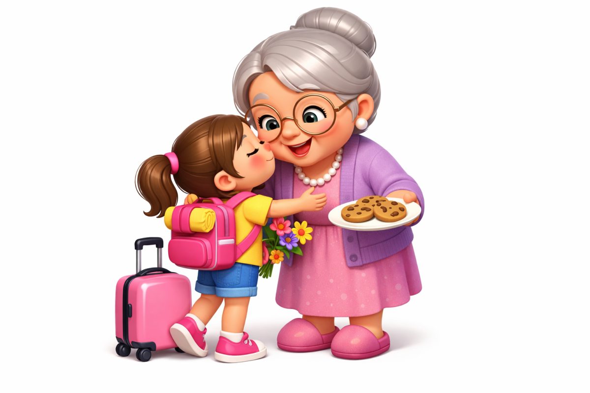 3D cartoon visiting grandmother, white background, shiny