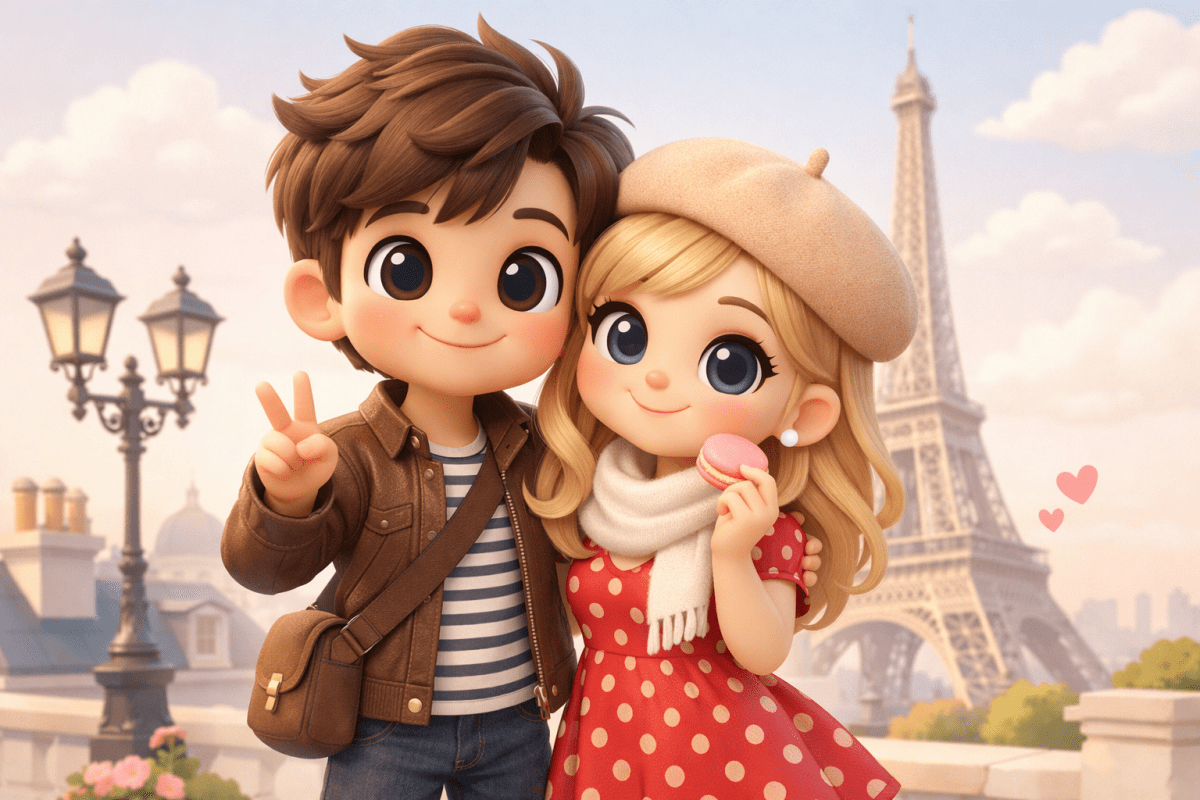 3D cartoon couple in Paris pastel white background