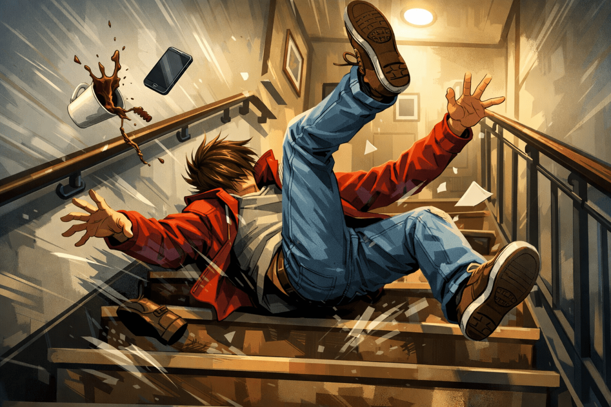 Person falling down stairs with spilled coffee and dropped phone
