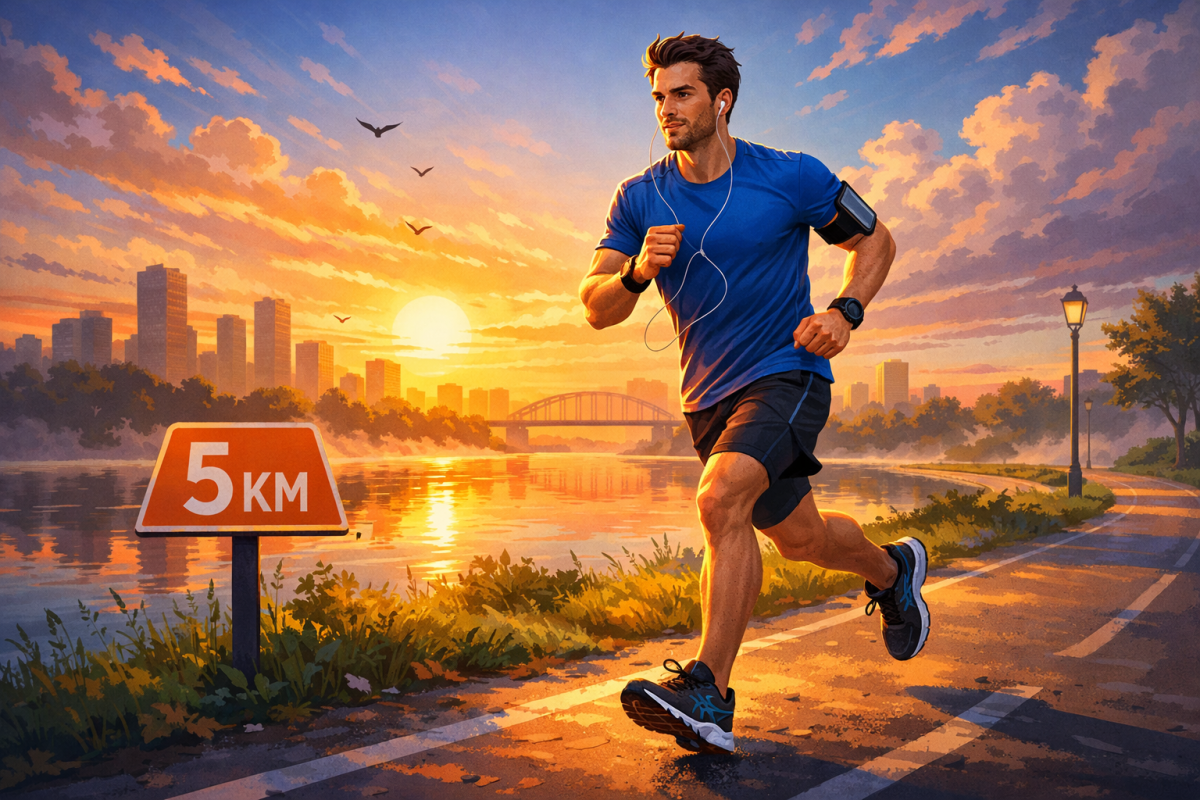 Man jogging on a riverside path at sunrise near a 5 km sign.