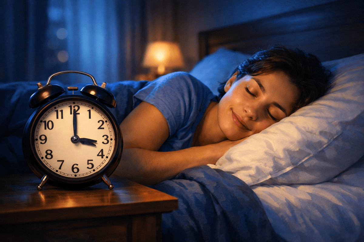 Person sleeping in bed next to an alarm clock showing 3:00