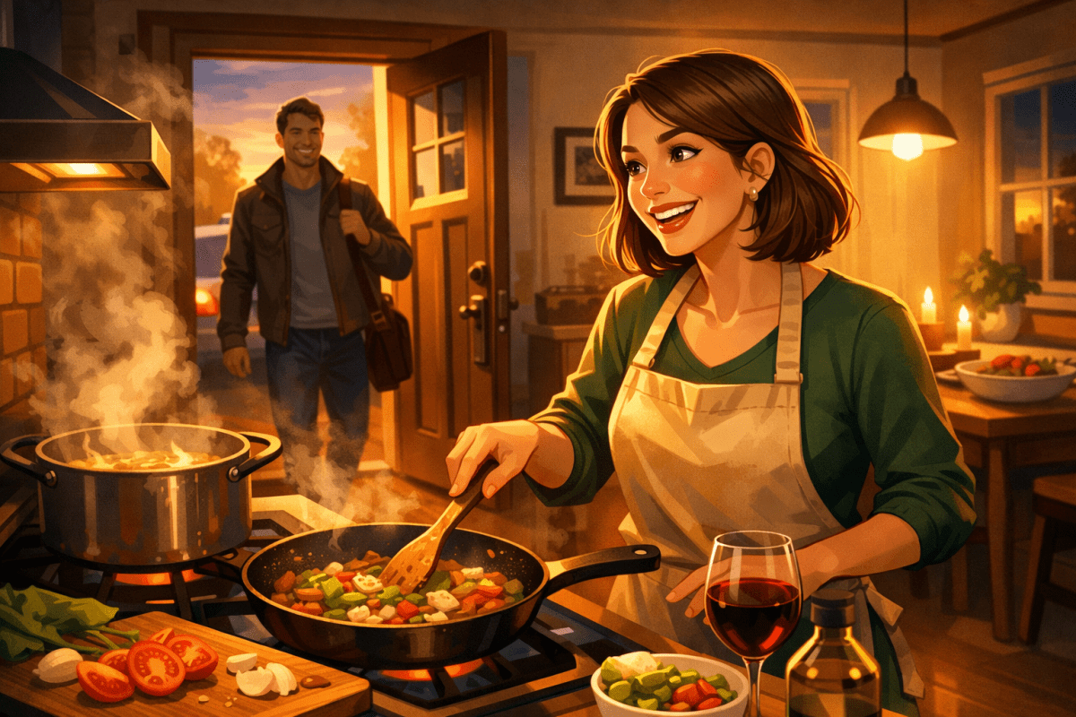 Woman cooking vegetables in a pan in a welcoming kitchen with a man entering through the door
