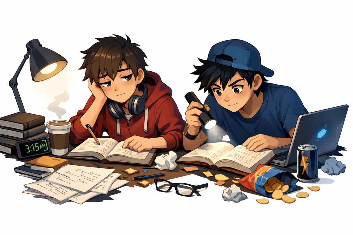 Two young people studying late at a cluttered desk with books, papers, snacks, and a laptop at 3:15 AM