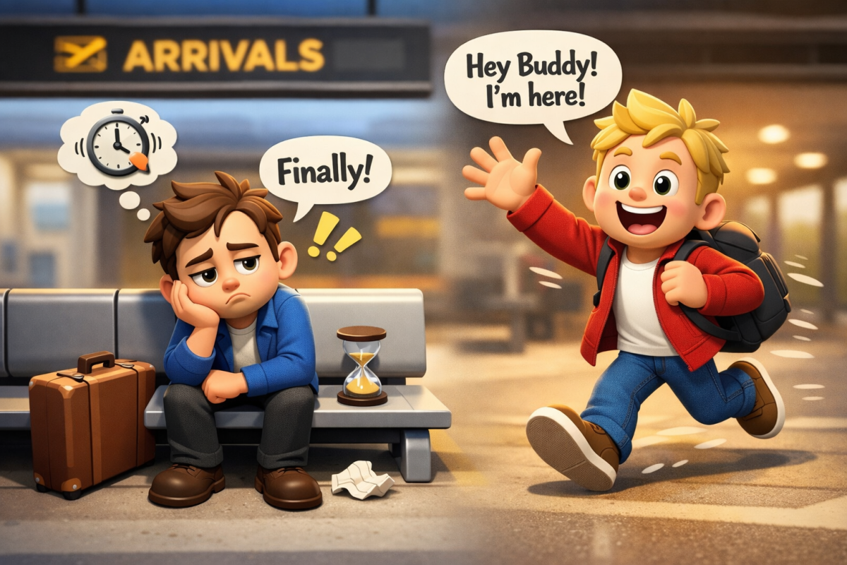 Two boys at airport arrivals, one waiting impatiently by luggage, the other happily running.