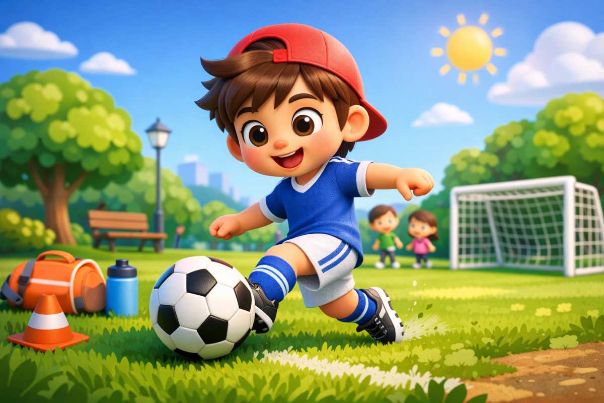 Child in blue soccer uniform kicking soccer ball on grass field