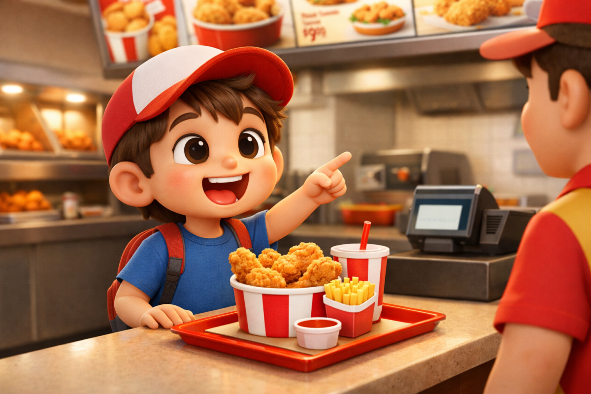 Child in red cap pointing and smiling at fast food counter with tray of fried chicken, fries, and drink