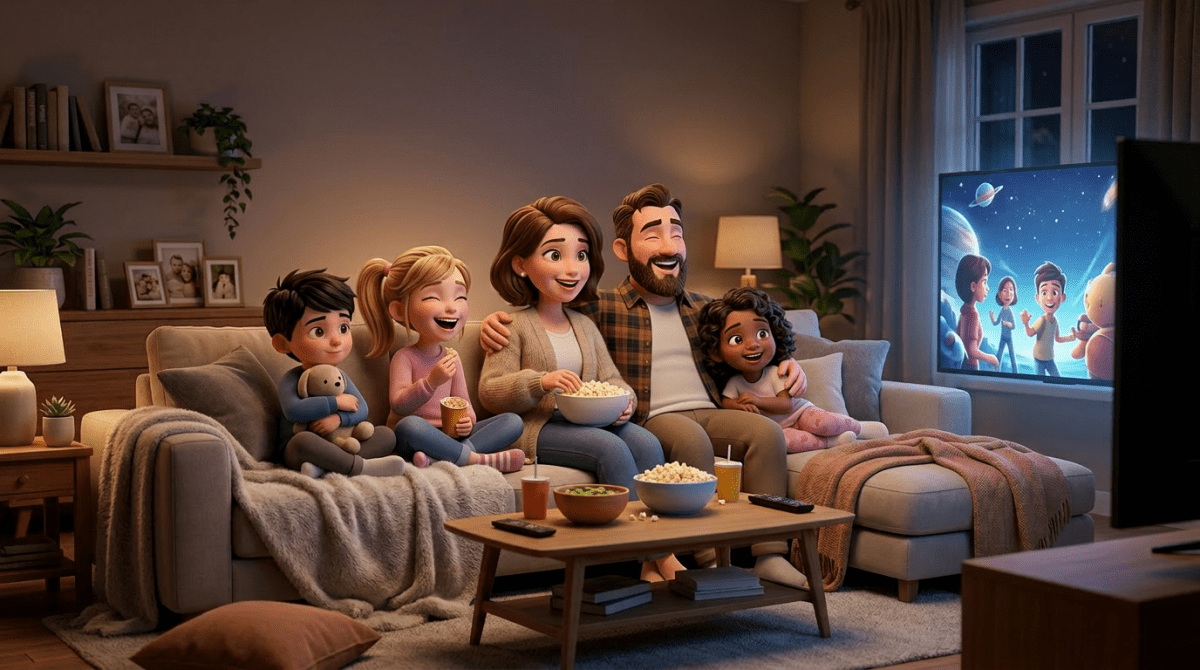 Family watching movie together, no text