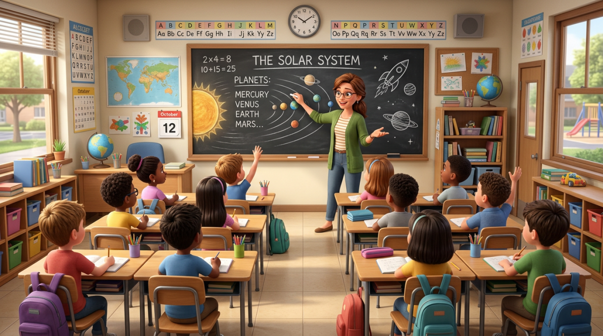 Teacher teaching in classroom at blackboard