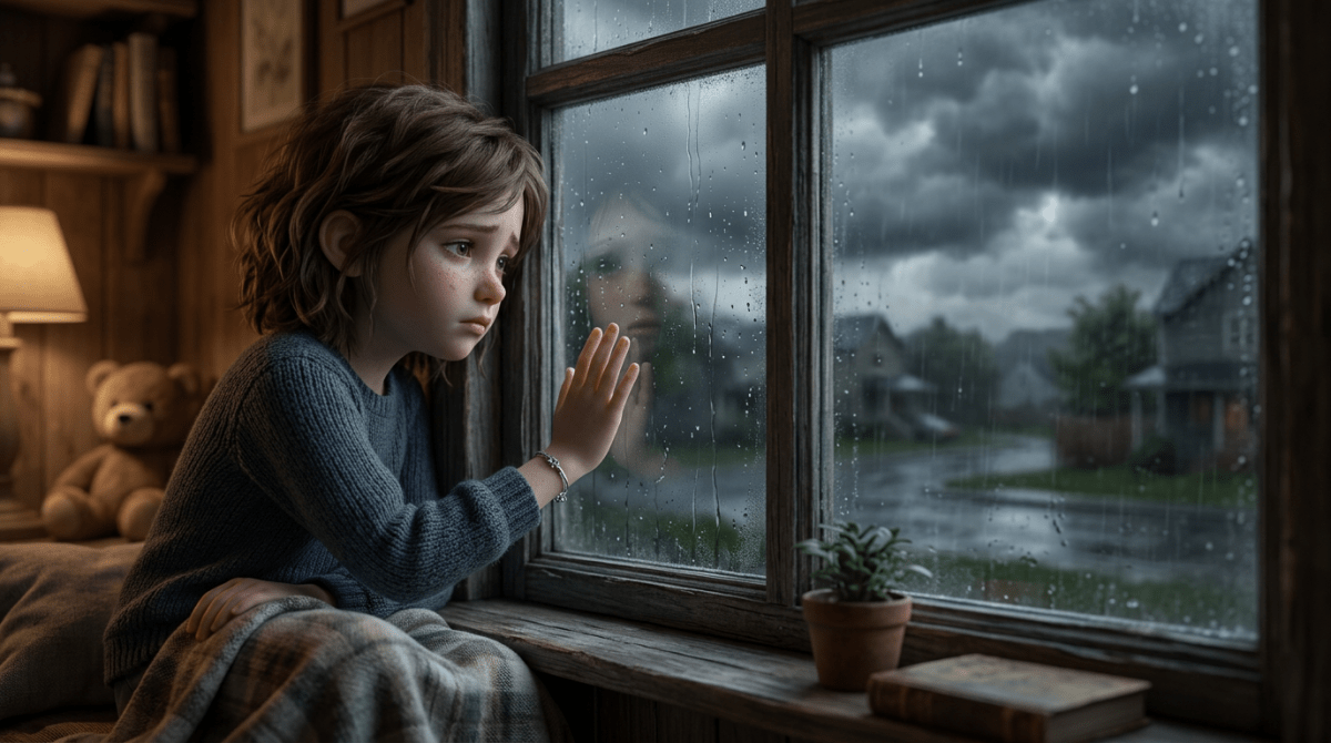 Girl looking sadly at dark clouds window