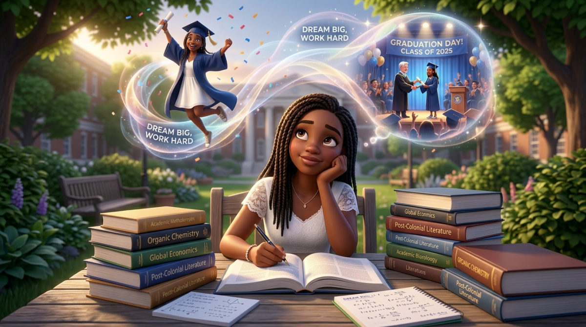 Teen girl in graduation gown celebrating with diploma; crowd cheers and tosses caps