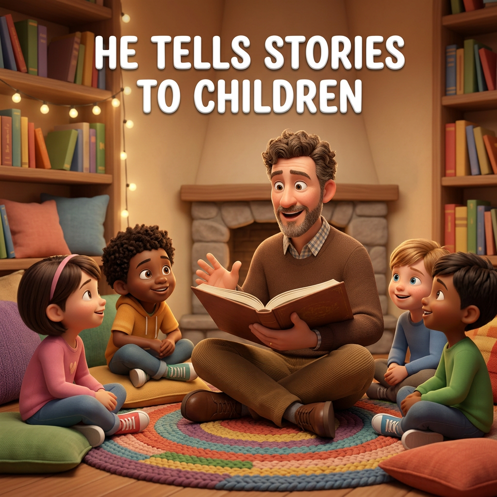 Add white text HE TELLS STORIES TO CHILDREN