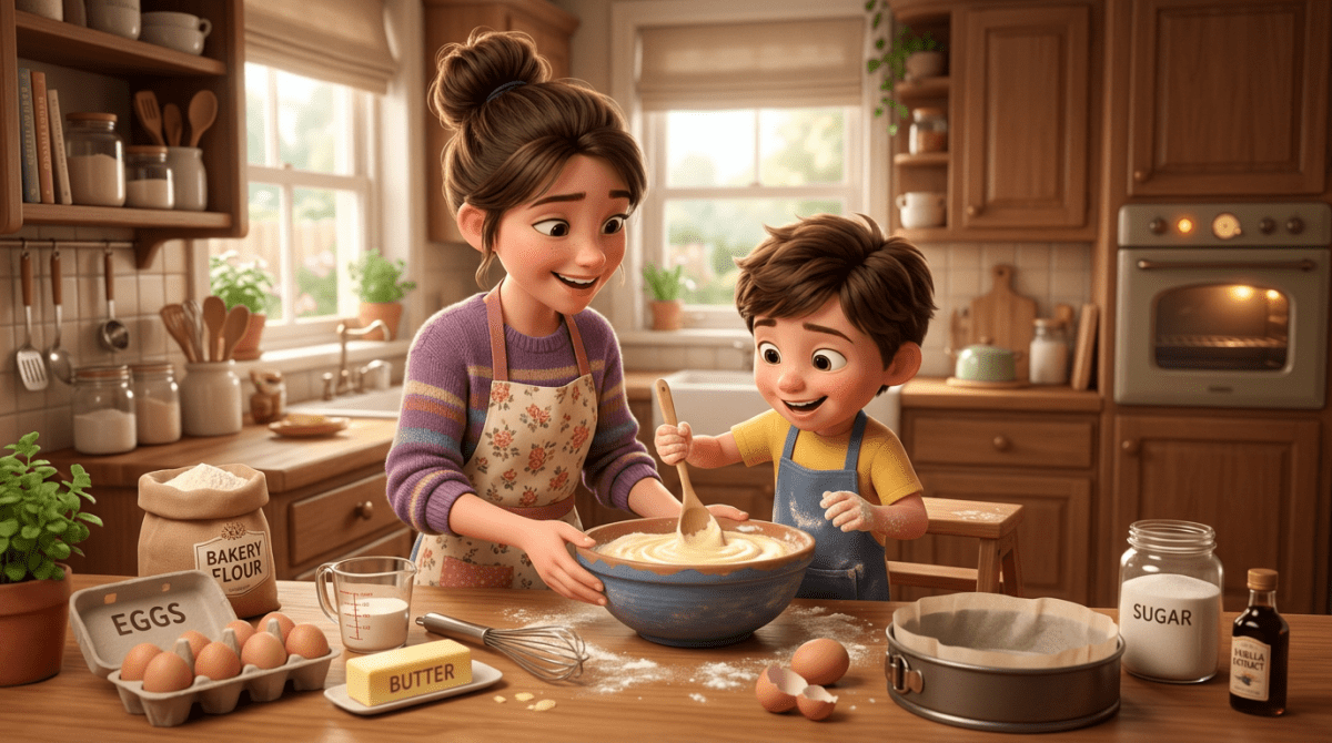 Mother and son mixing batter in a kitchen with baking ingredients