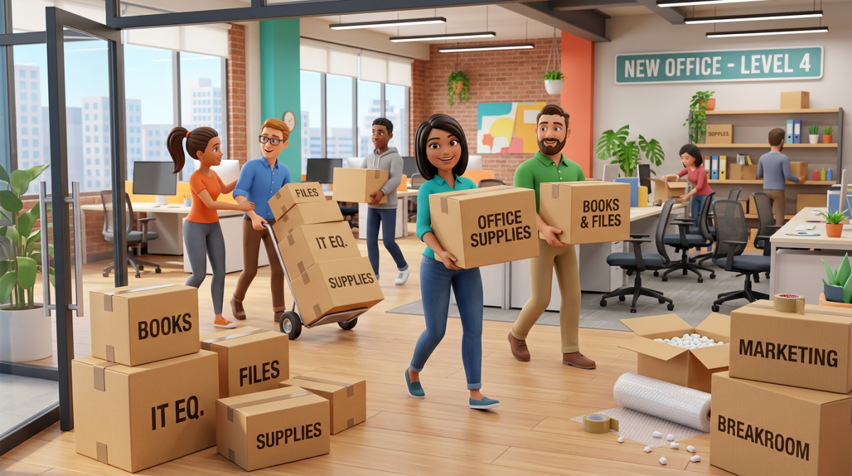 People moving and unpacking labeled boxes in a modern office