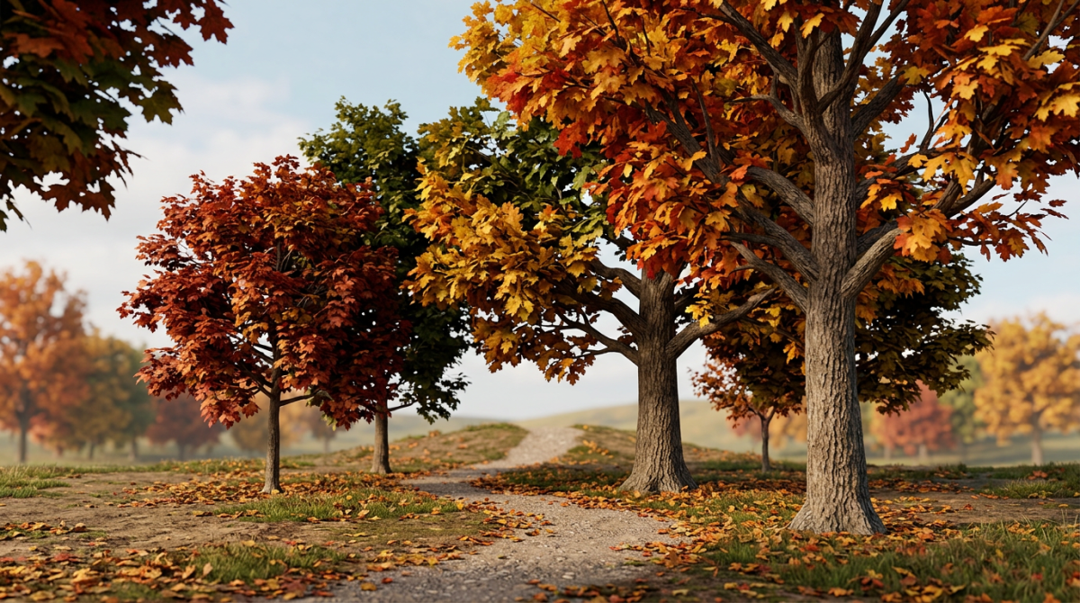 Forest path surrounded by trees with orange, red, and yellow autumn leaves