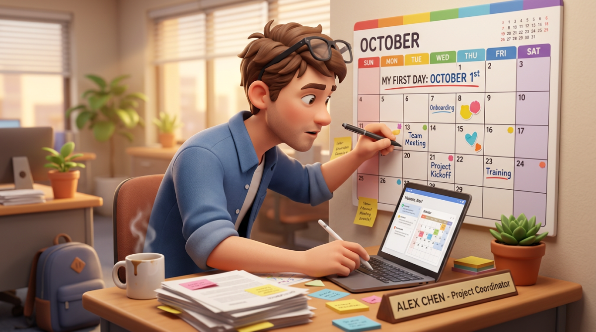 Man writing on an October calendar while looking at laptop with schedule