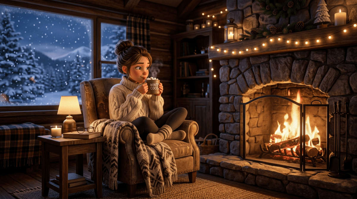 Person drinking hot chocolate by fireplace in winter