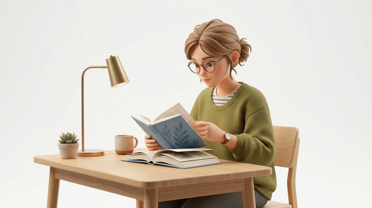 Woman with glasses reading a book at wooden desk with lamp, plant, and mug