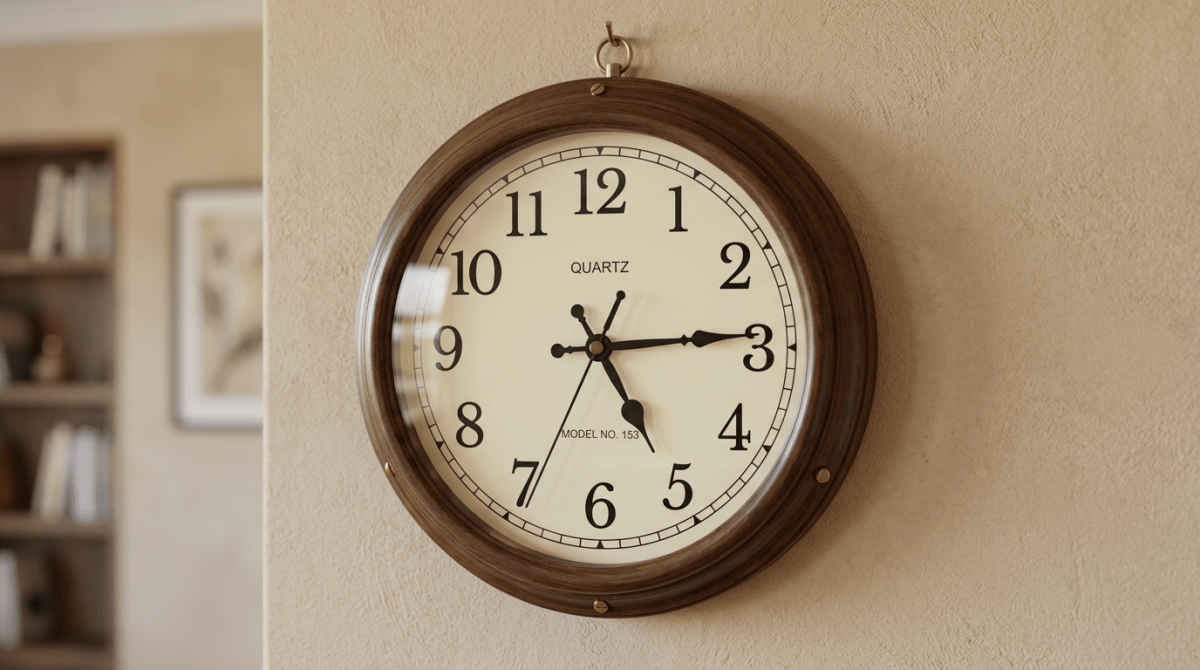 Wall clock with wooden frame showing time 5:15