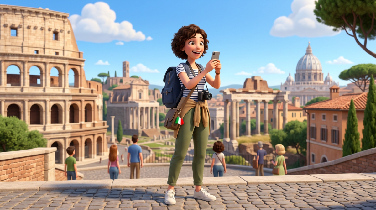 Animated woman tourist with backpack and camera taking photo near Rome landmarks