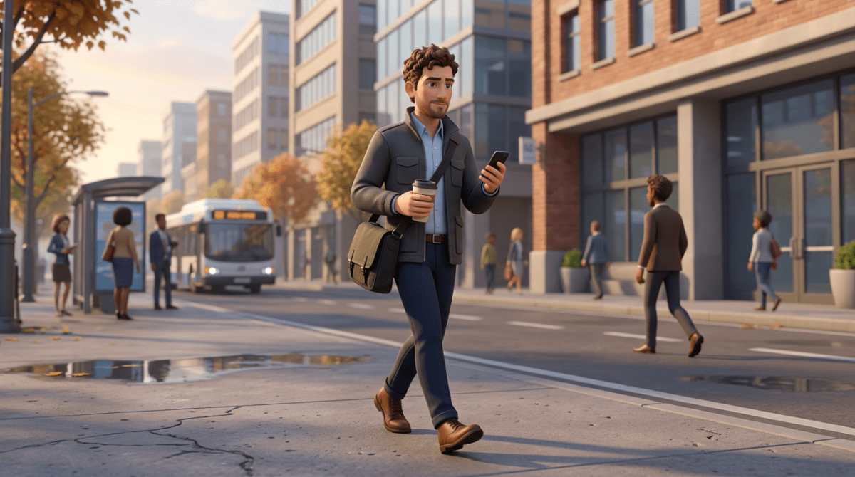Man walking in city holding coffee cup and using phone