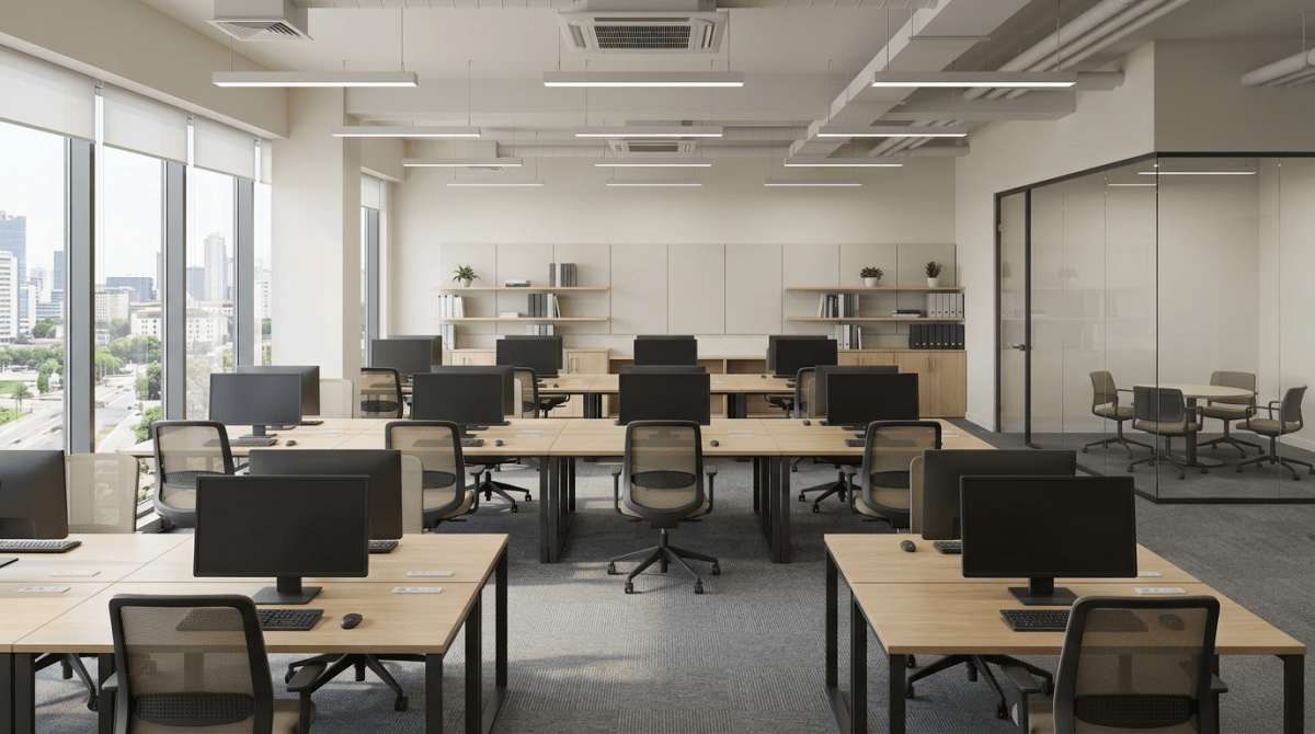 Open-plan office with rows of desks, computers, mesh chairs, and a glass-walled meeting room