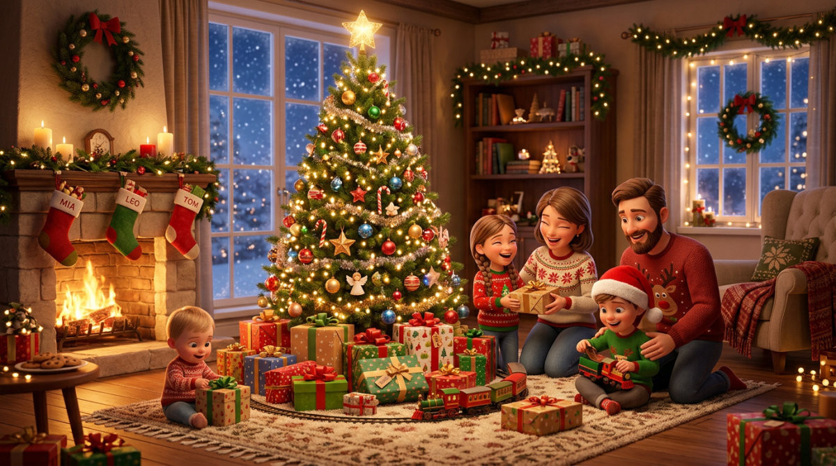 Christmas celebration with tree and gifts