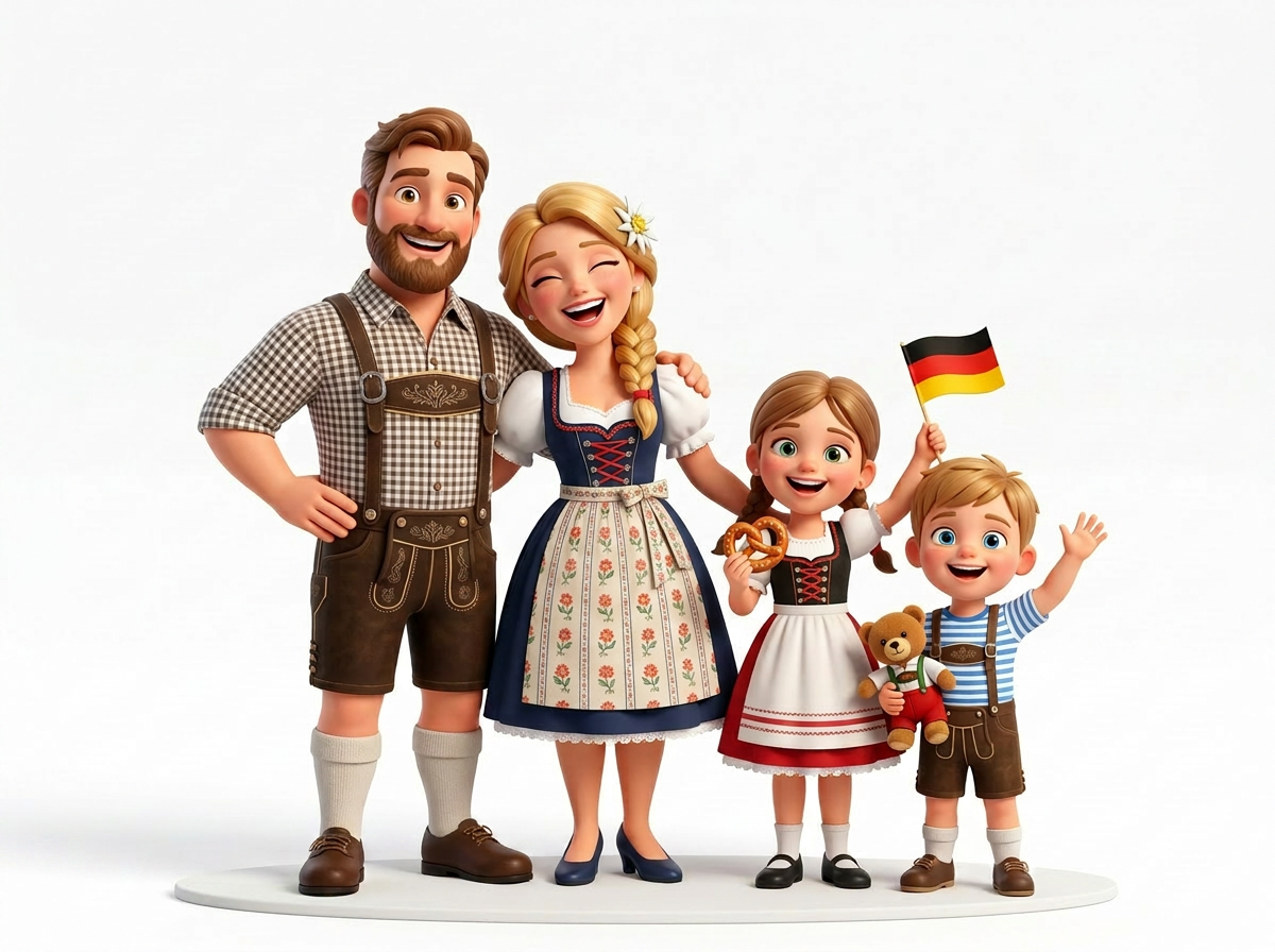 3D animated German family wearing traditional Bavarian clothing with a child holding a German flag and a pretzel