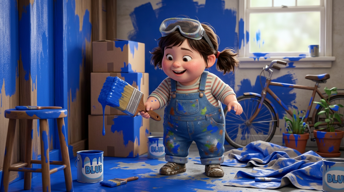 Young child holding a dripping paintbrush with blue paint in a messy room
