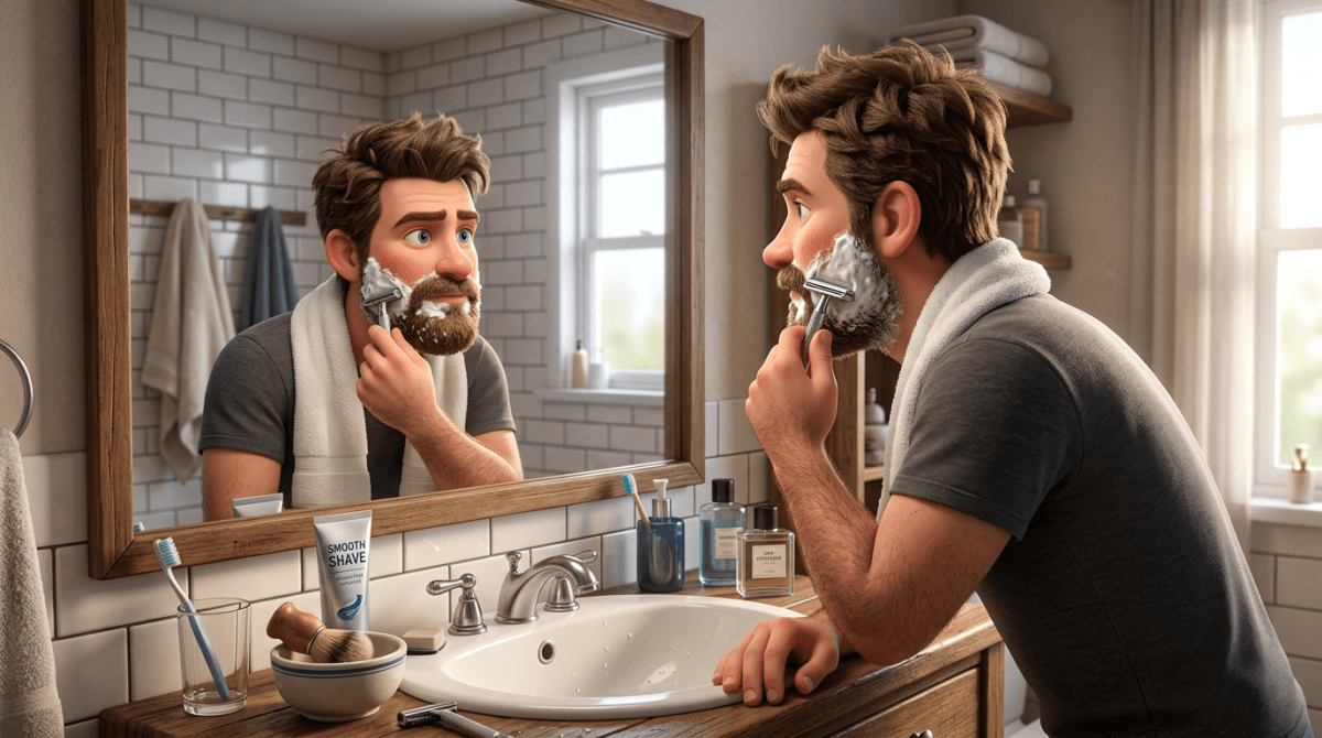 Man shaving with razor in bathroom mirror with shaving cream on face