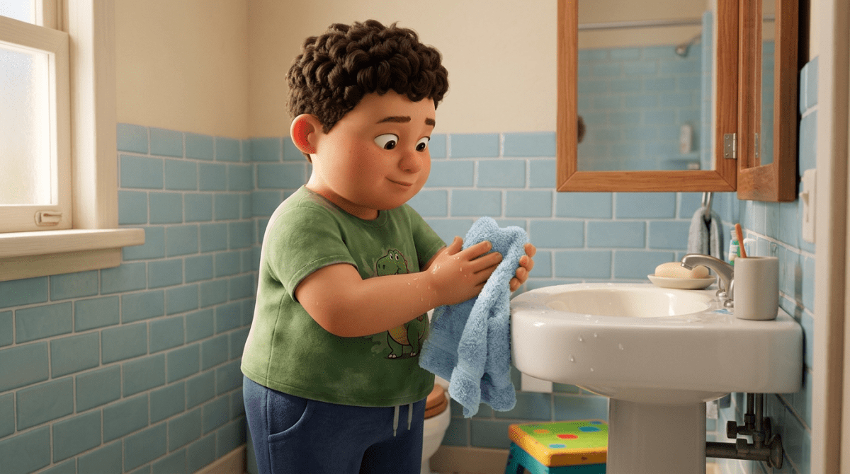 Young boy drying wet hands with towel by bathroom sink