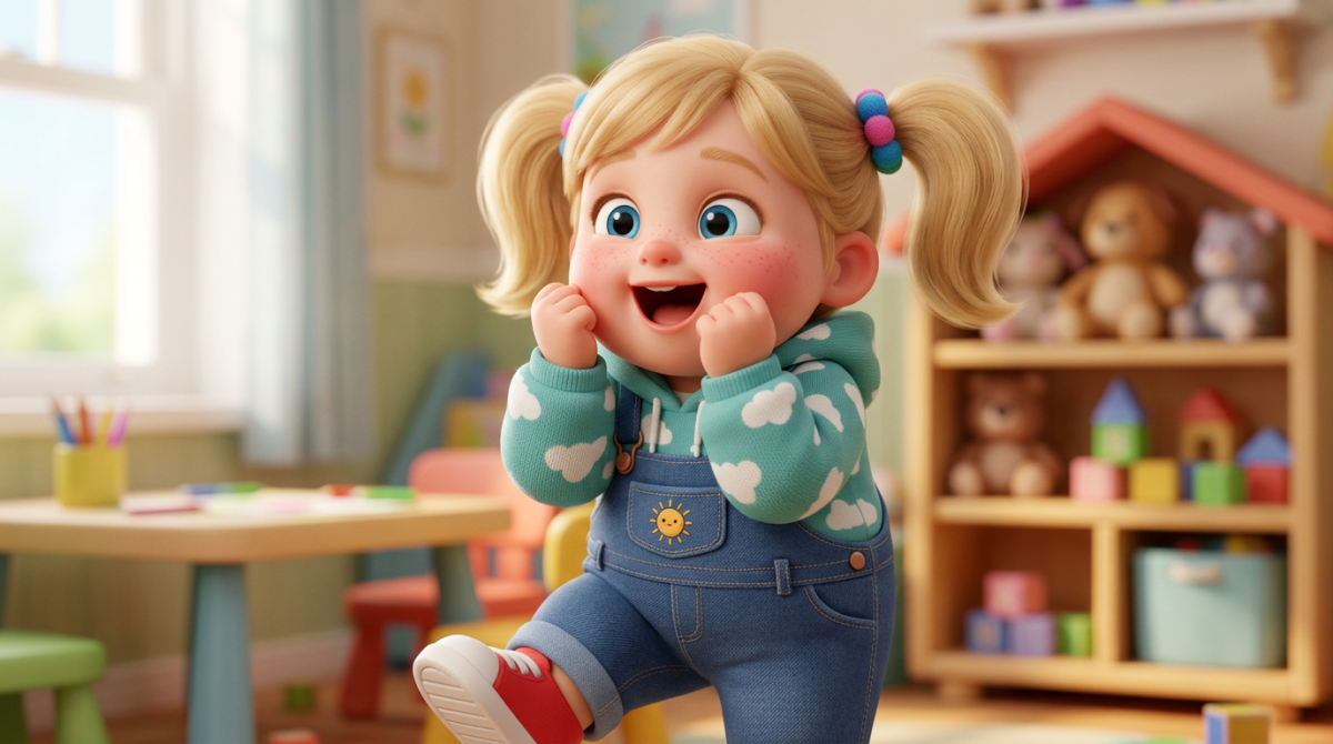 Cute chubby blonde girl squealing excitedly