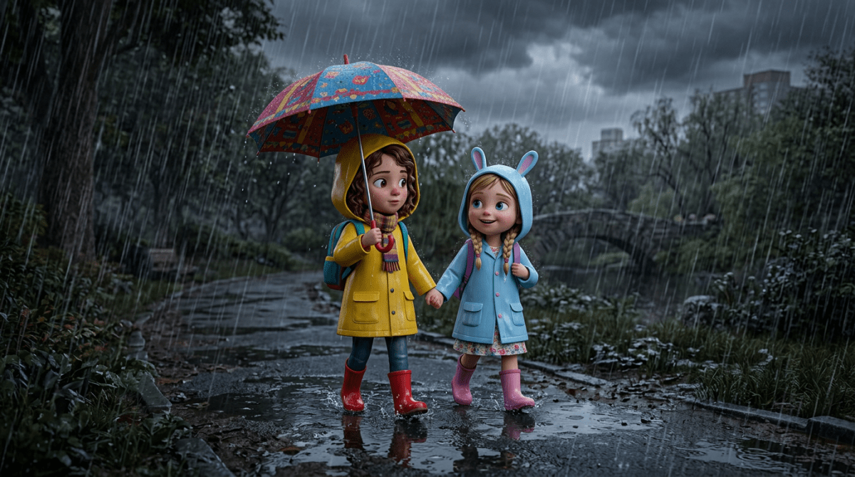 Two children holding hands walking in the rain, one holding a colorful umbrella, both wearing raincoats and boots