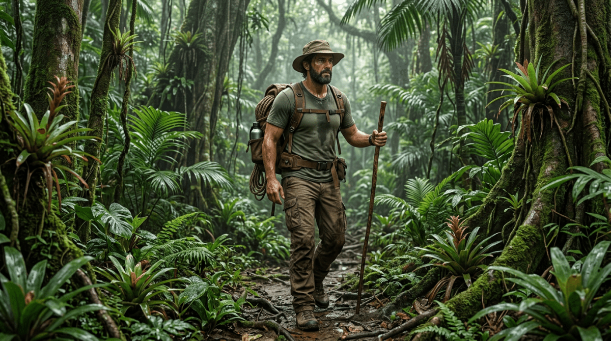 Man with backpack and walking stick hiking in dense green jungle