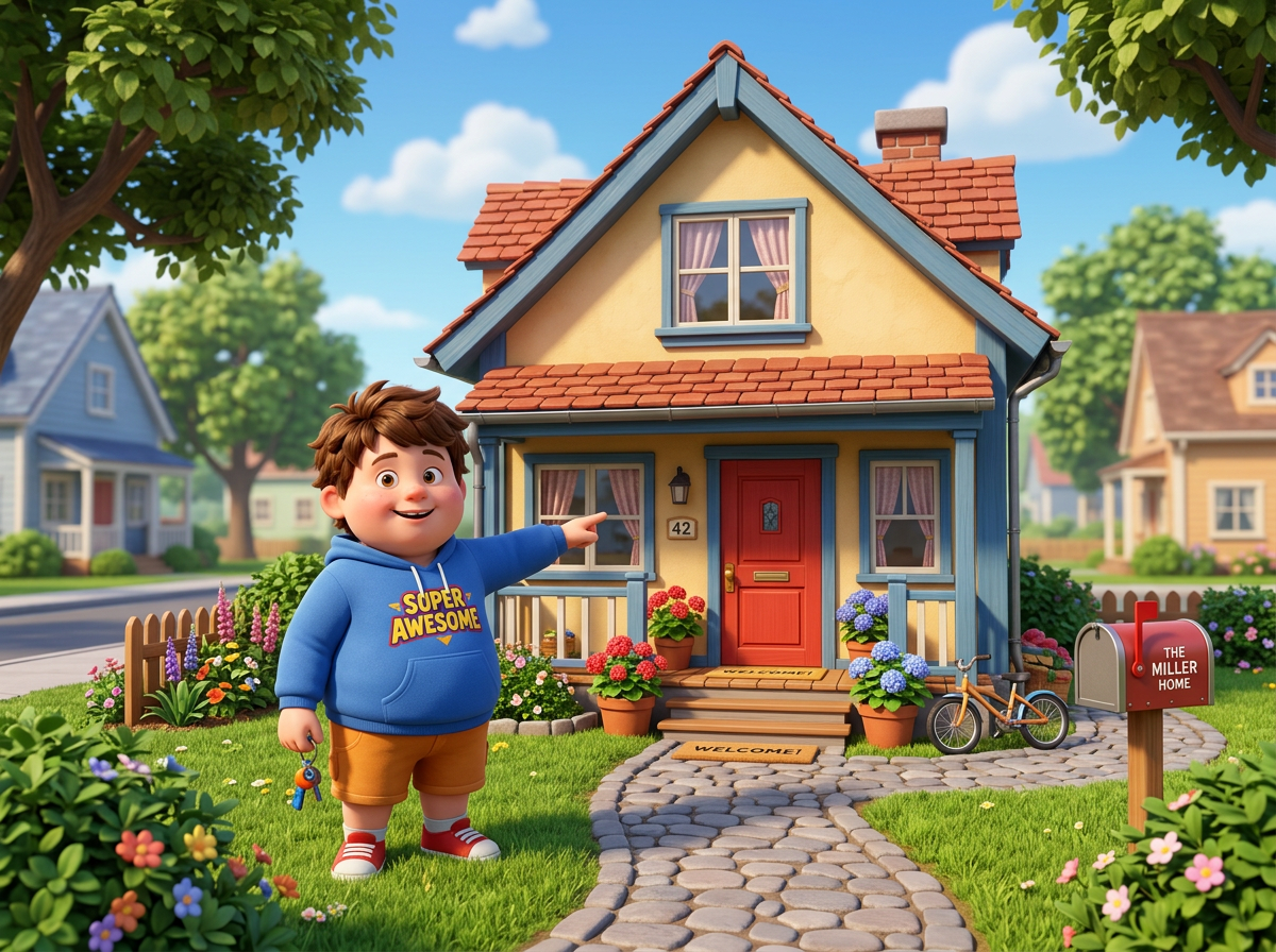 A child in a blue hoodie holding keys near a yellow house with red door and flowers