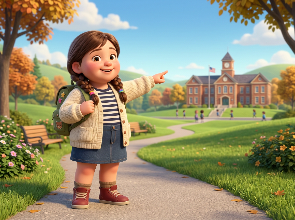 Smiling animated girl with pigtails and backpack pointing to school building