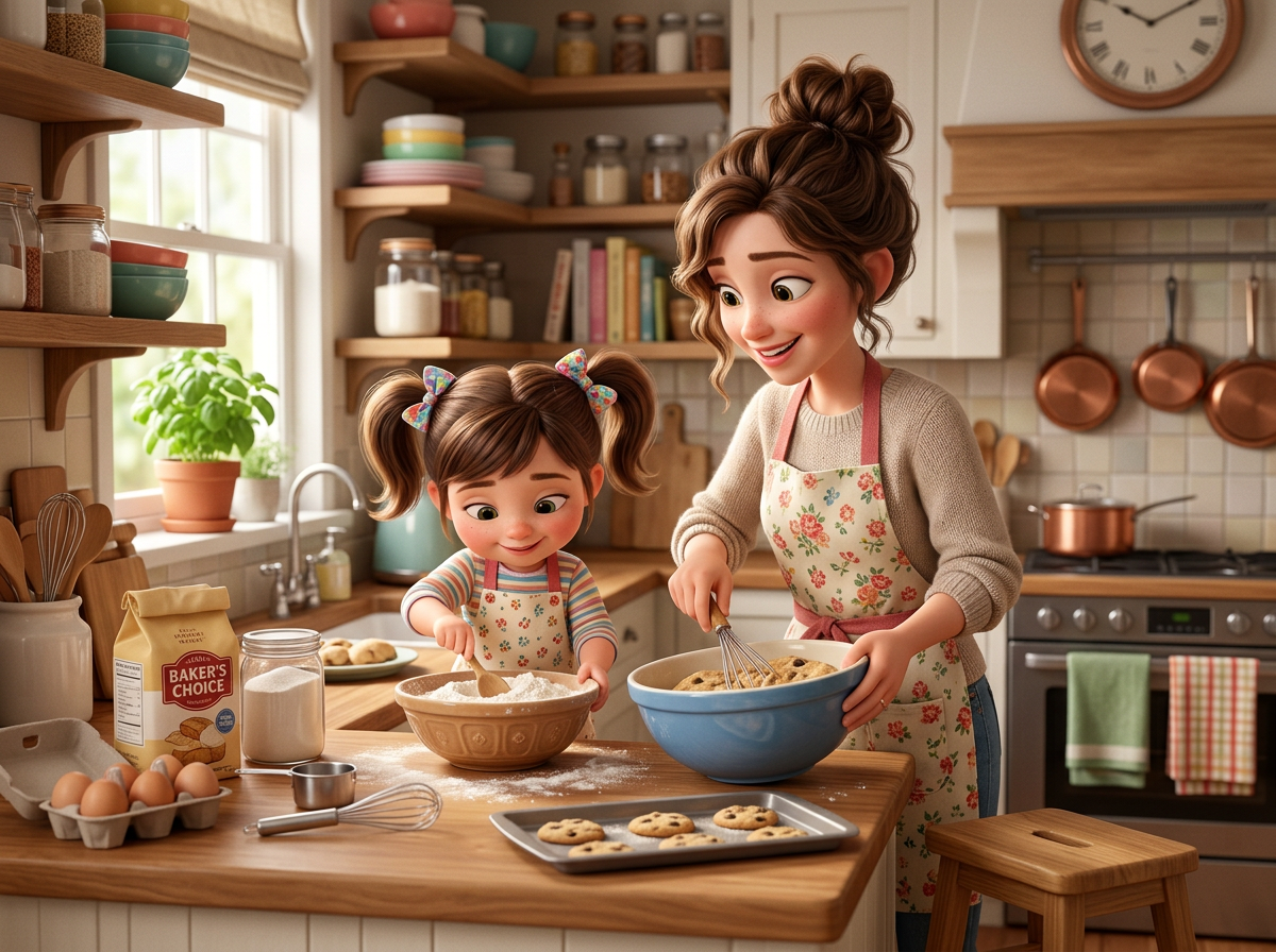 Mother whisking cookie dough and daughter stirring flour in a kitchen