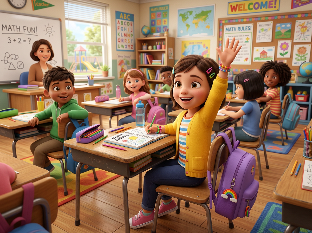 Elementary school student raising hand with math workbook in colorful classroom
