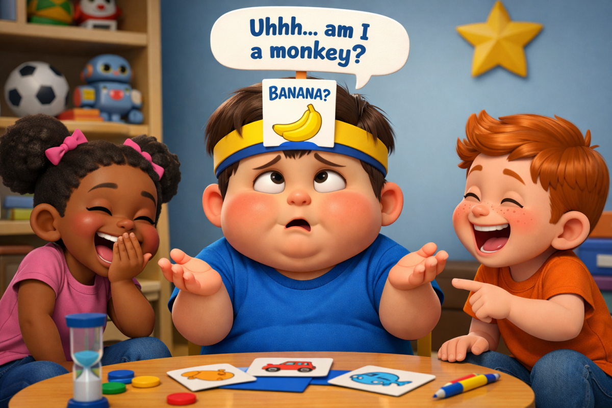Three children playing a card guessing game, one confused with a 'banana' card on forehead