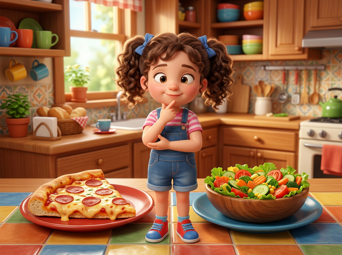 Young girl standing in kitchen with pizza slice on one side and fresh vegetable salad on the other