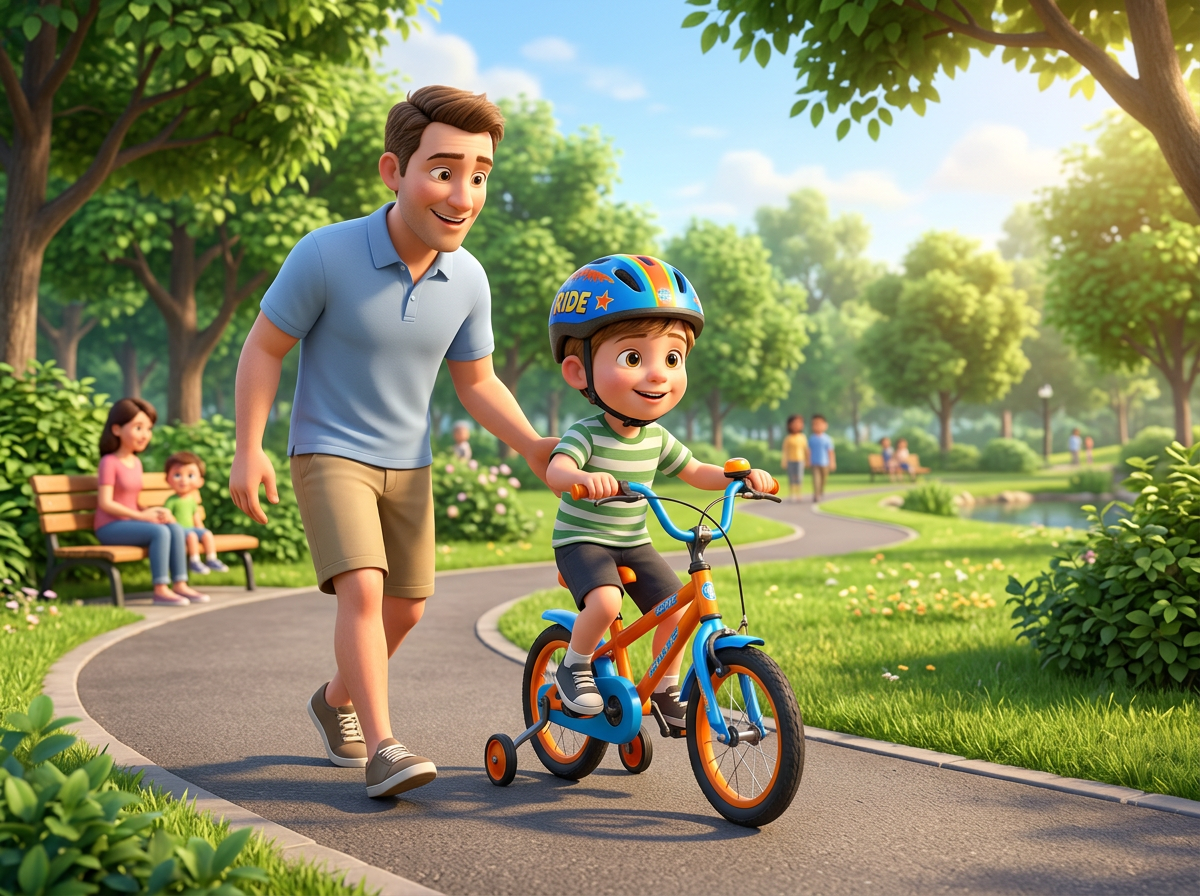 Father smiling and supporting son riding a bike with training wheels in a park