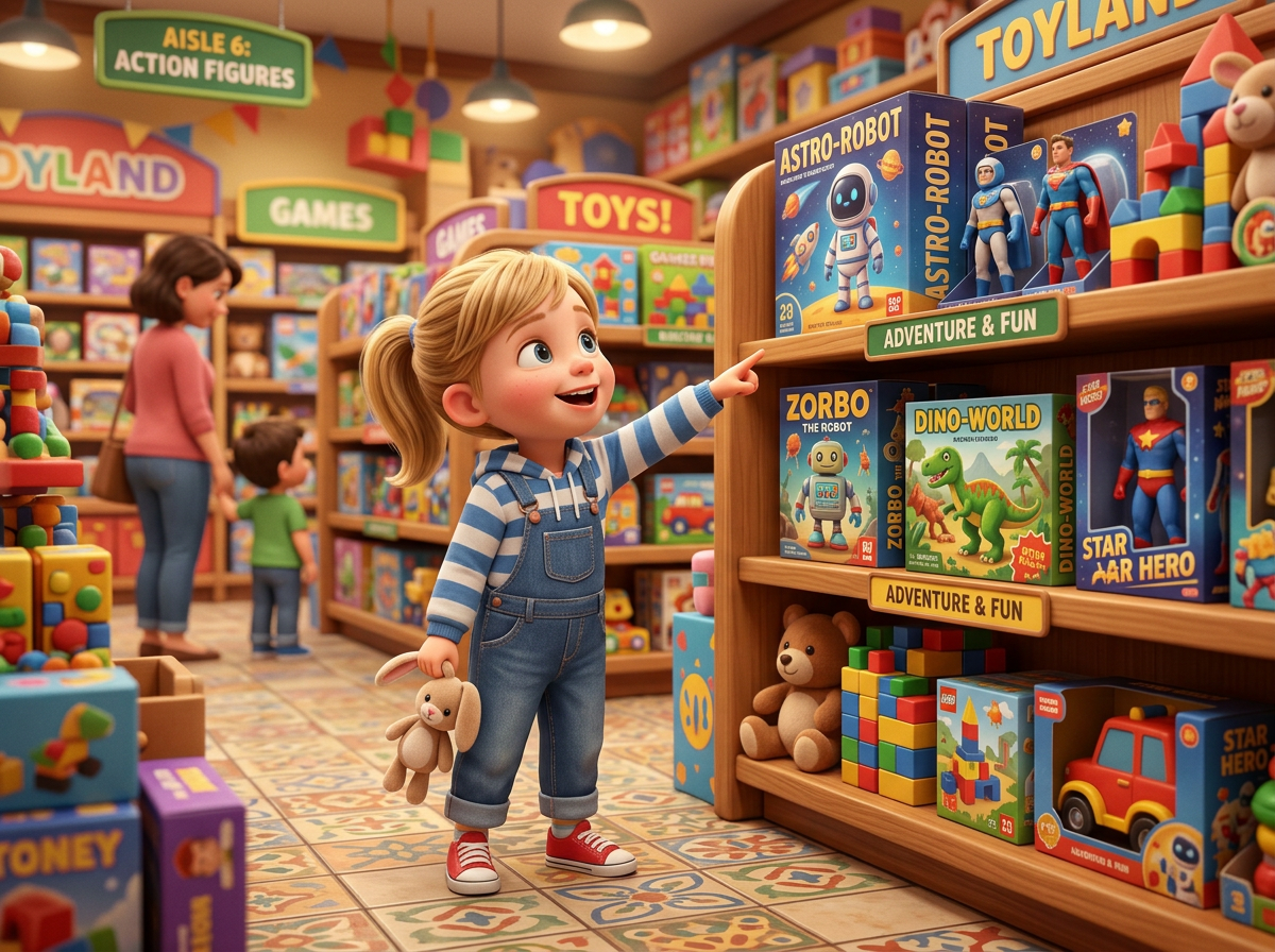 Little girl pointing at an Astro-Robot toy box in a toy store aisle filled with various toys and games