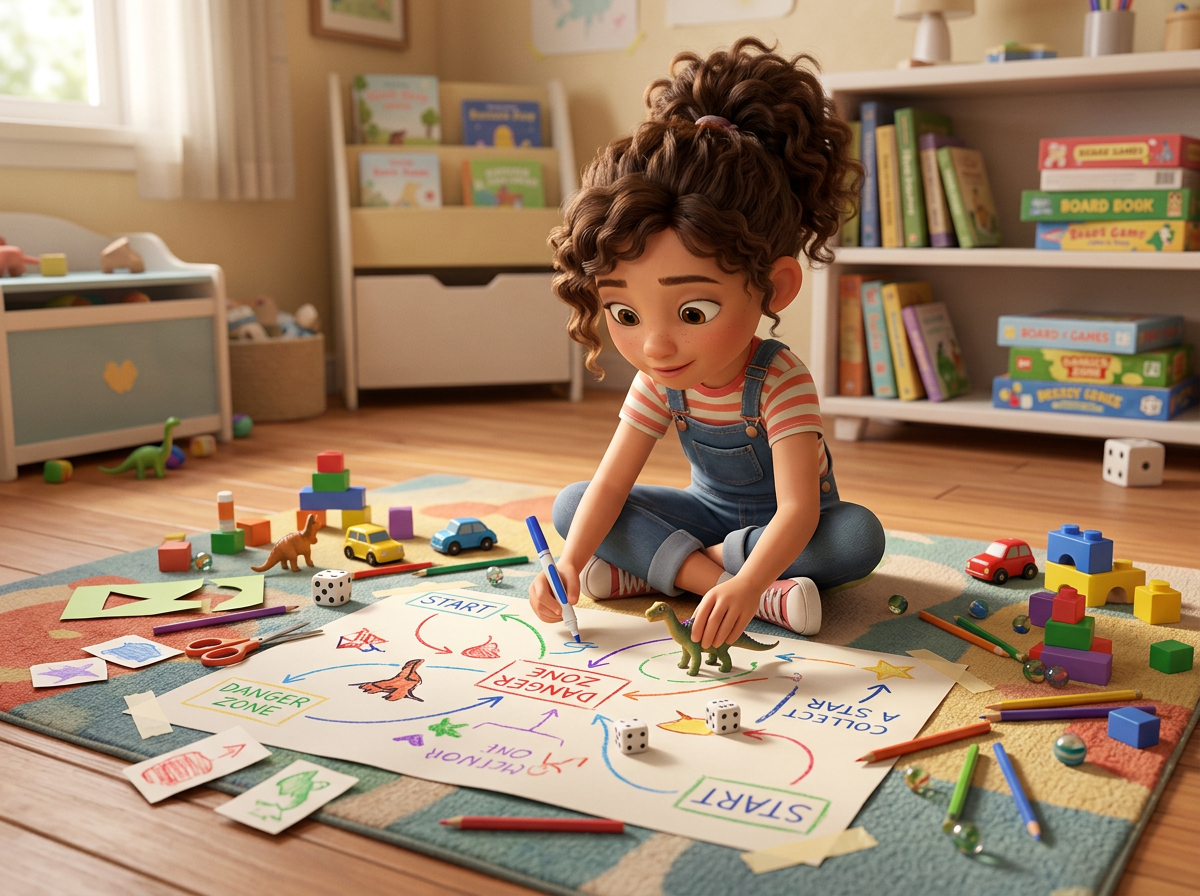 Girl sitting cross-legged on floor drawing and playing with toy dinosaurs on a homemade board game