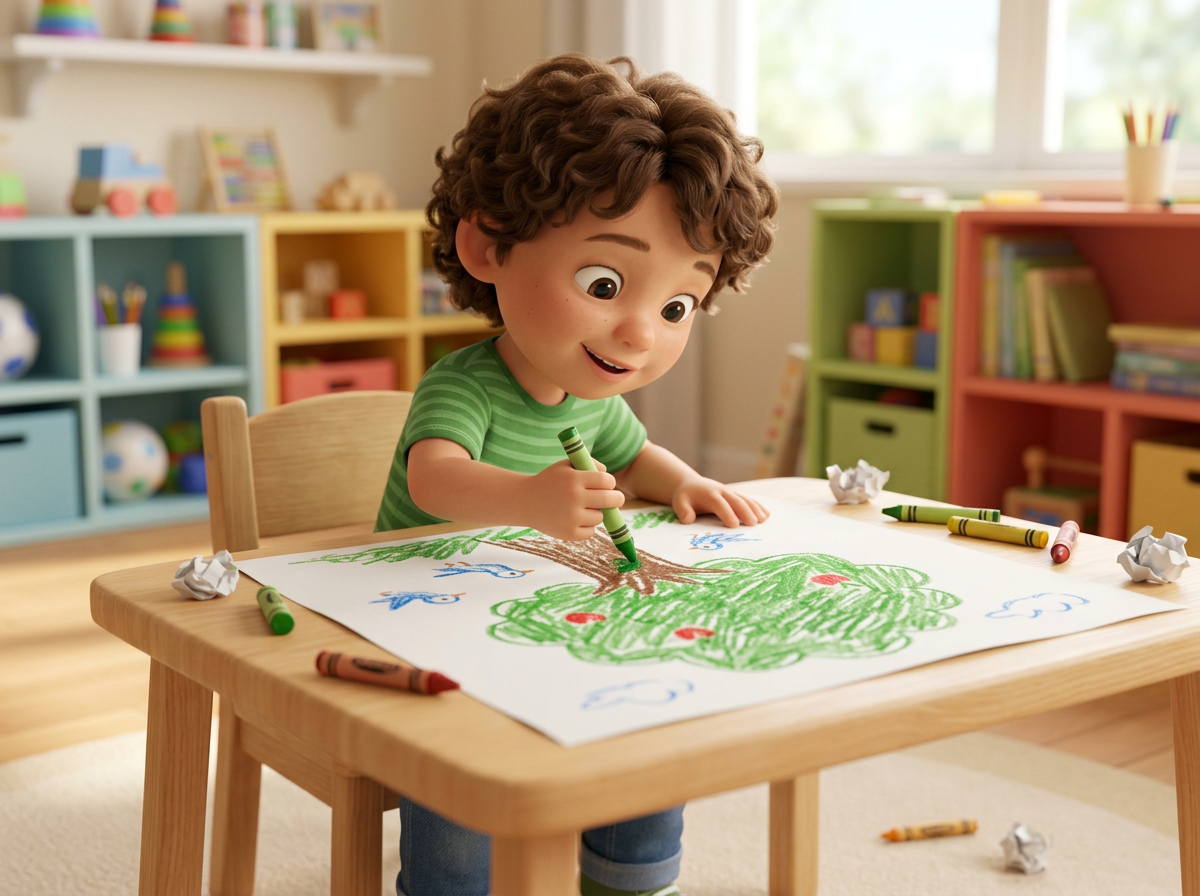 Child coloring a large tree drawing with green and brown crayons at table