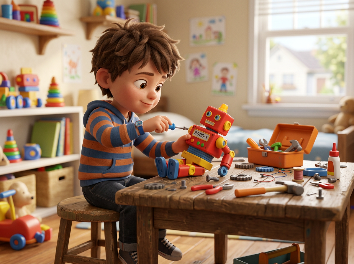 Boy assembling a red toy robot labeled ROBO-1 at a wooden table with tools and parts