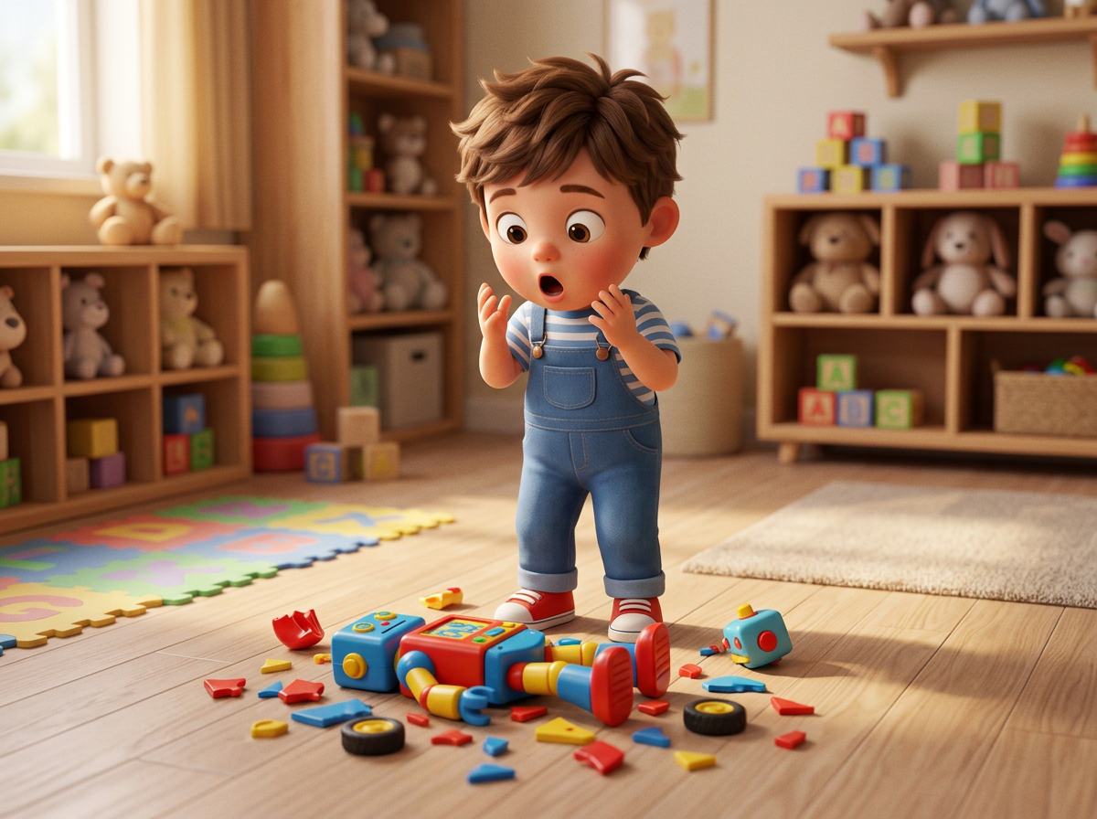 A young boy in blue overalls stands surprised over a broken colorful robot toy scattered on the floor.