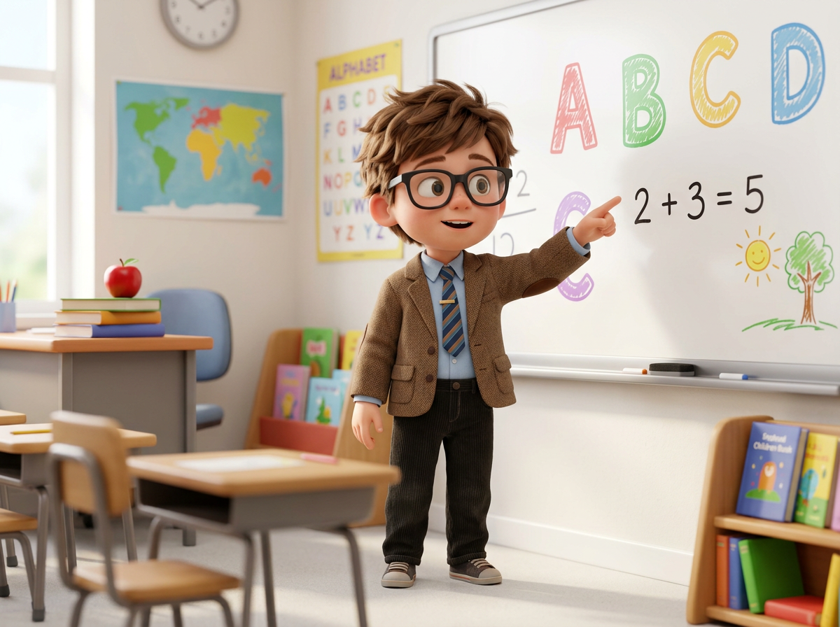 Animated boy pointing at 2 plus 3 equals 5 on whiteboard in classroom