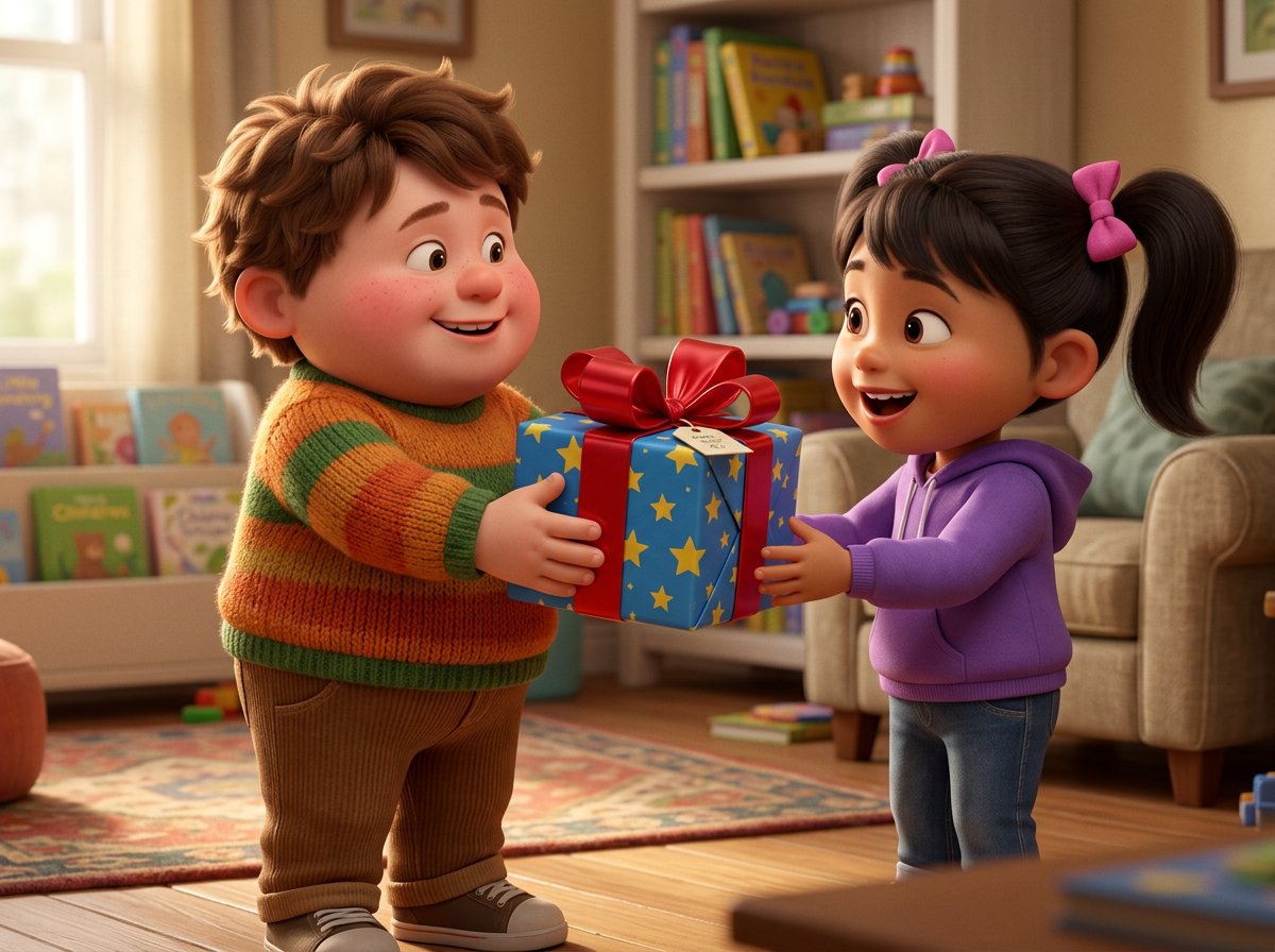 Boy giving a blue gift box with yellow stars and red ribbon to a girl indoors