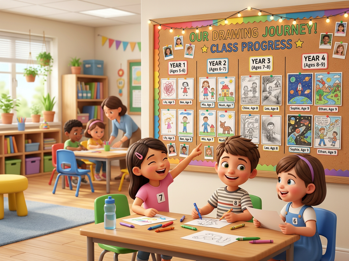 Three children drawing at a table with a classroom progress board behind them