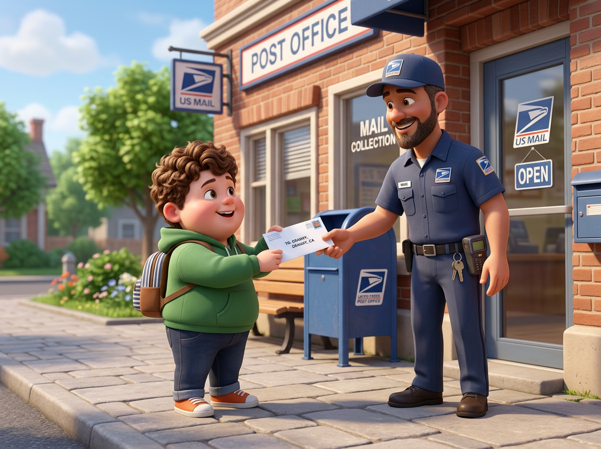A child in a green hoodie handing a letter to a mail carrier in uniform outside a post office